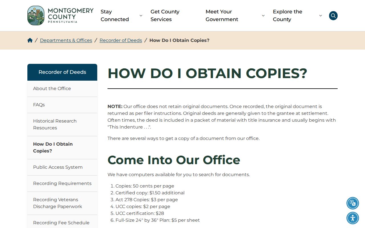 Montgomery County residents directory Recorder of Deeds copy procedures