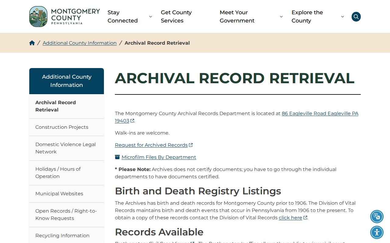 Montgomery County previous residents archival record retrieval page