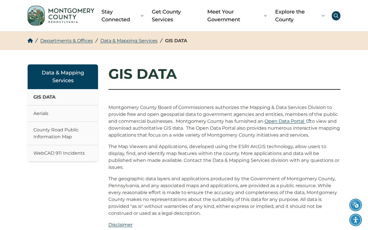 Montgomery County street directory GIS data access page